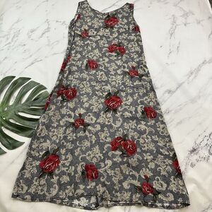 Expressions Womens Vintage 90s Maxi Dress Size 14 Black Lace Floral Print Slip